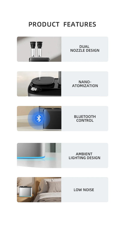 Dual Nozzle Bluetooth Aroma Diffuser with Smart Timer – Luxury Aluminium Design for Home, Office, and Hotels